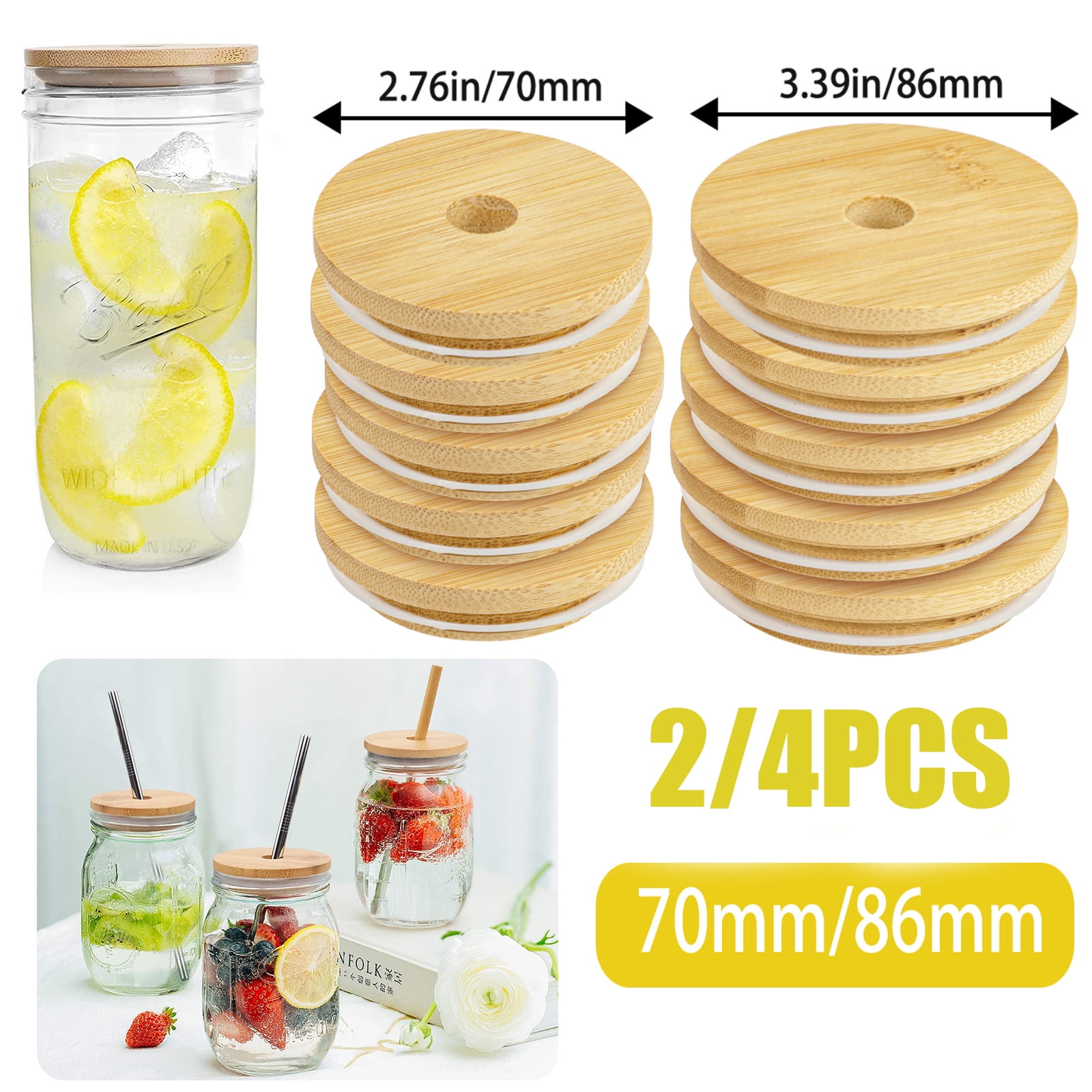 inhzoy 4 Pack Eco-friendly Bamboo Regular/Wide Mouth Mason Jar Lids Reusable Sealing Storage Caps with Straw Hole 4Pcs Light Wood Color 52mm 