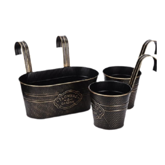 3 piezas de macetas colgantes para colgar en la pared, cubos de flores, jardineras con barandilla para Negro