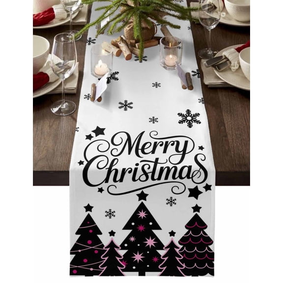 Pink Black Christmas Tree Cotton Linen Table Runner for Dining Kitchen, Xmas Snowflake Wedding Outdoor Party Tablerunners Decoration, Dresser Scarf Coffee Tablecloth Runners 13x48 Inches