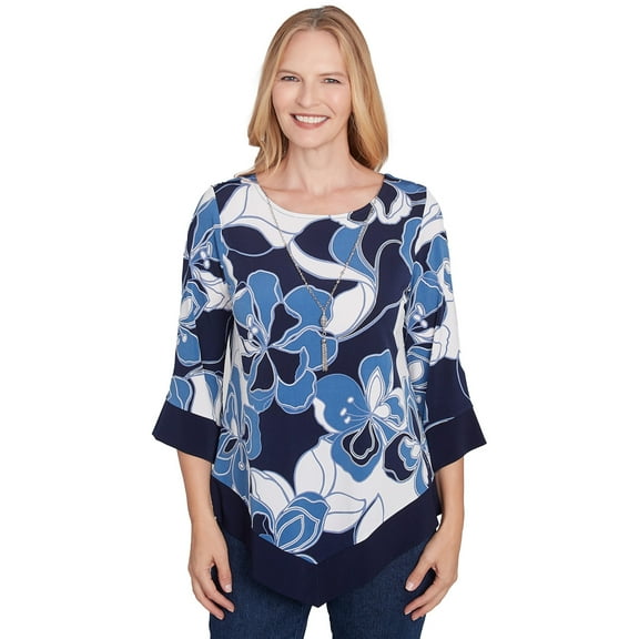Alfred Dunner Womens Abstract Bold Floral Patchwork Top With Necklace