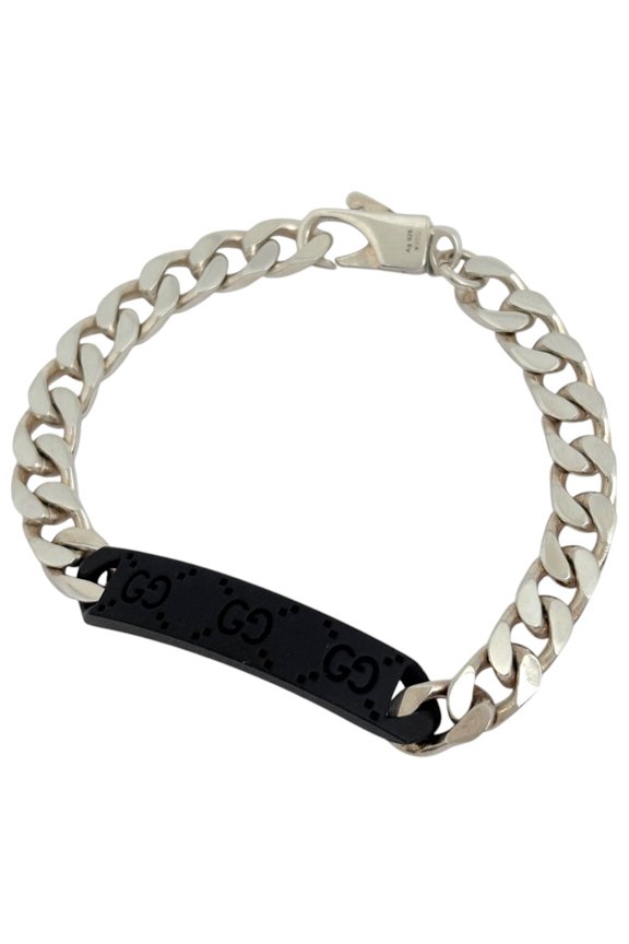 Pre-Owned Gucci logo bracelet plate, sterling silver (925), silver, black, women's.