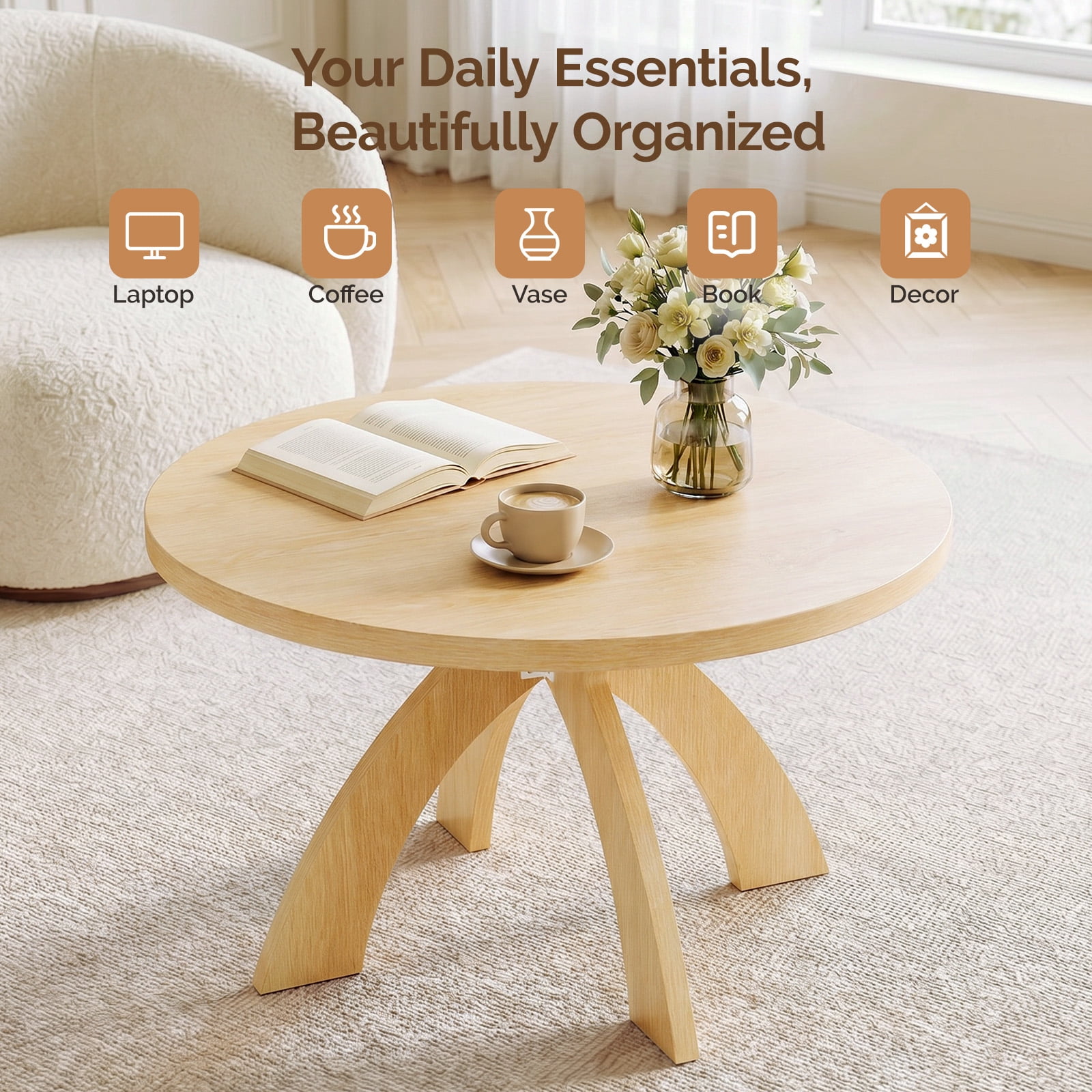 Astoutdoor Round Coffee Table, 31.5 in Circular Center Table with Curved Cross Legs, Melamine Laminated MDF Minimalist Low Accent Table for Living Room, Apartment, Natural Wood Tone