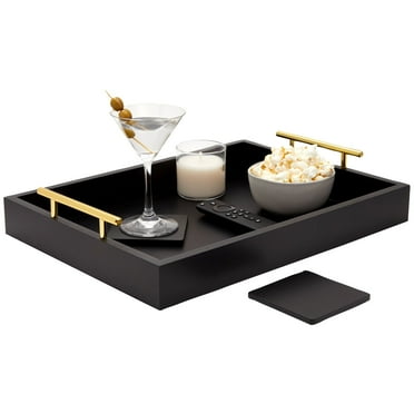 Black Serving Tray for Coffee Table, 16x12" with Coasters, Decorative Interchangeable Gold andSilver Handles