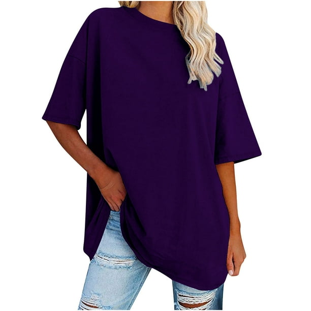 Tops de Manga Corta para las Mujeres Suelto Ajuste, Nuevo Sólido Suelto de la Mitad de la Manga, Cuello Redondo de la Cintura de Algodón Tops