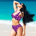 thumbnail image 6 of Kdxio Purple Black Buffalo Plaid Print Women's 2 Piece High Waisted Wrap Spaghetti Strap Summer Swimsuit Bikini Set-Medium, 6 of 7