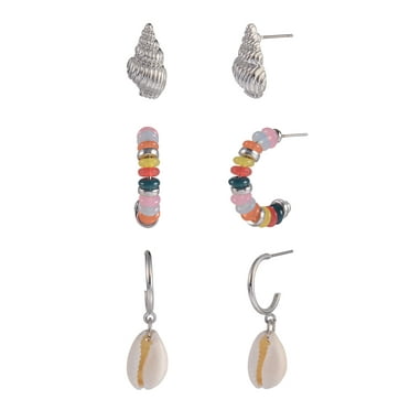 Time and Tru Adult Female Silver-Tone Metal Shell, Cowrie Shell, and Beaded Multi Earring Set - 3 Pairs