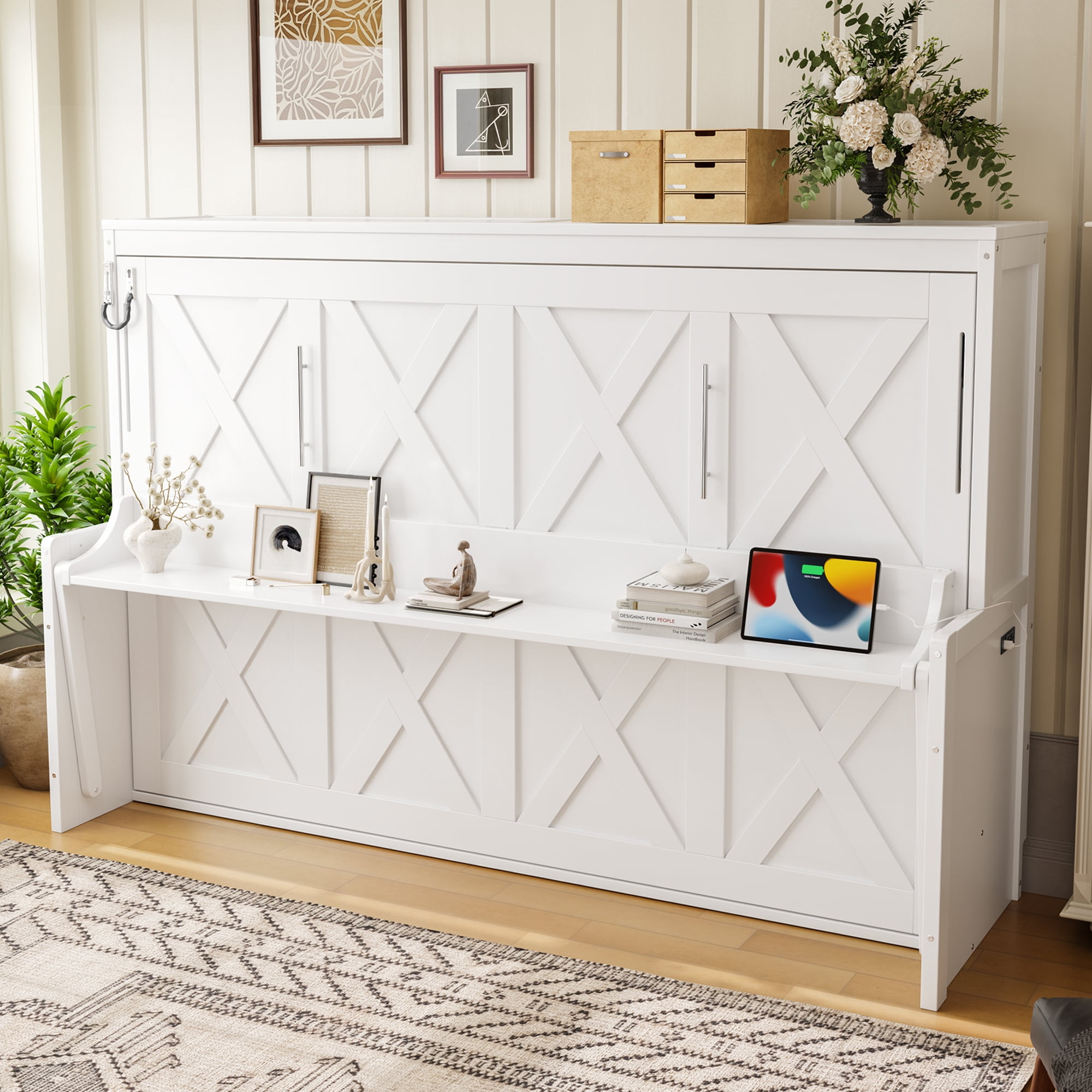 Mintazer Full Murphy Bed with Desk & Pegboard Storage, Farmhouse Foldable Bed with Charging Station & LED Lighting for Bedroom Guest Room, White