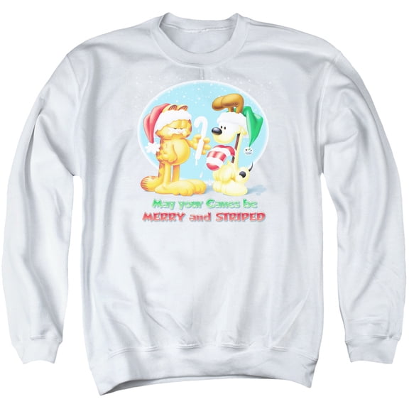 Garfield Merry And Striped Adult Crewneck Sweatshirt White