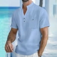 thumbnail image 2 of HVOBTTY Men's Summer T Shirt Fashion Casual Solid Color Collared Short Sleeve Buttons Linen Breathable Daily Wear Top with Pocket Sky Blue, M, 2 of 5