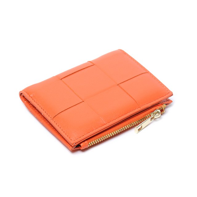 Cartera pequeña de piel de oveja Cartera corta para mujer Monedero plegable de cuero tejido a mano con clip para billetes