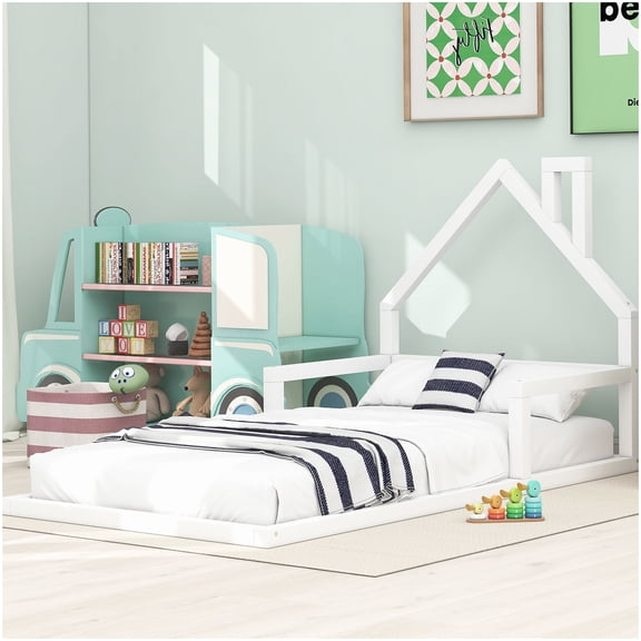 Low Profile Twin Floor Bed Frame, Solid Wood Platform Bed with Slats, Modern White Bed Frame, No Box Spring