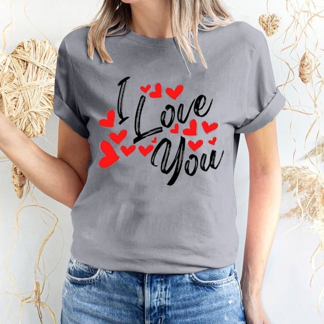 Pisexur Valentines Day T-shirt Top T-shirt à Manches Courtes Imprimé Amour de la Saint-Valentin pour Femmes, Col Rond
