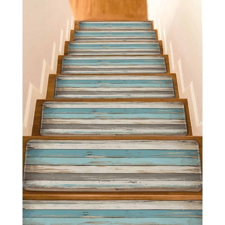 Farmhouse Blue Grey Brown Stair Treads for Wooden Steps Indoor Runner Rug Carpet Vintage Ombre Wooden 4 Pieces Peel and Stick Staircase Step Treads Covers Washable Throw Door Mats 30 x8