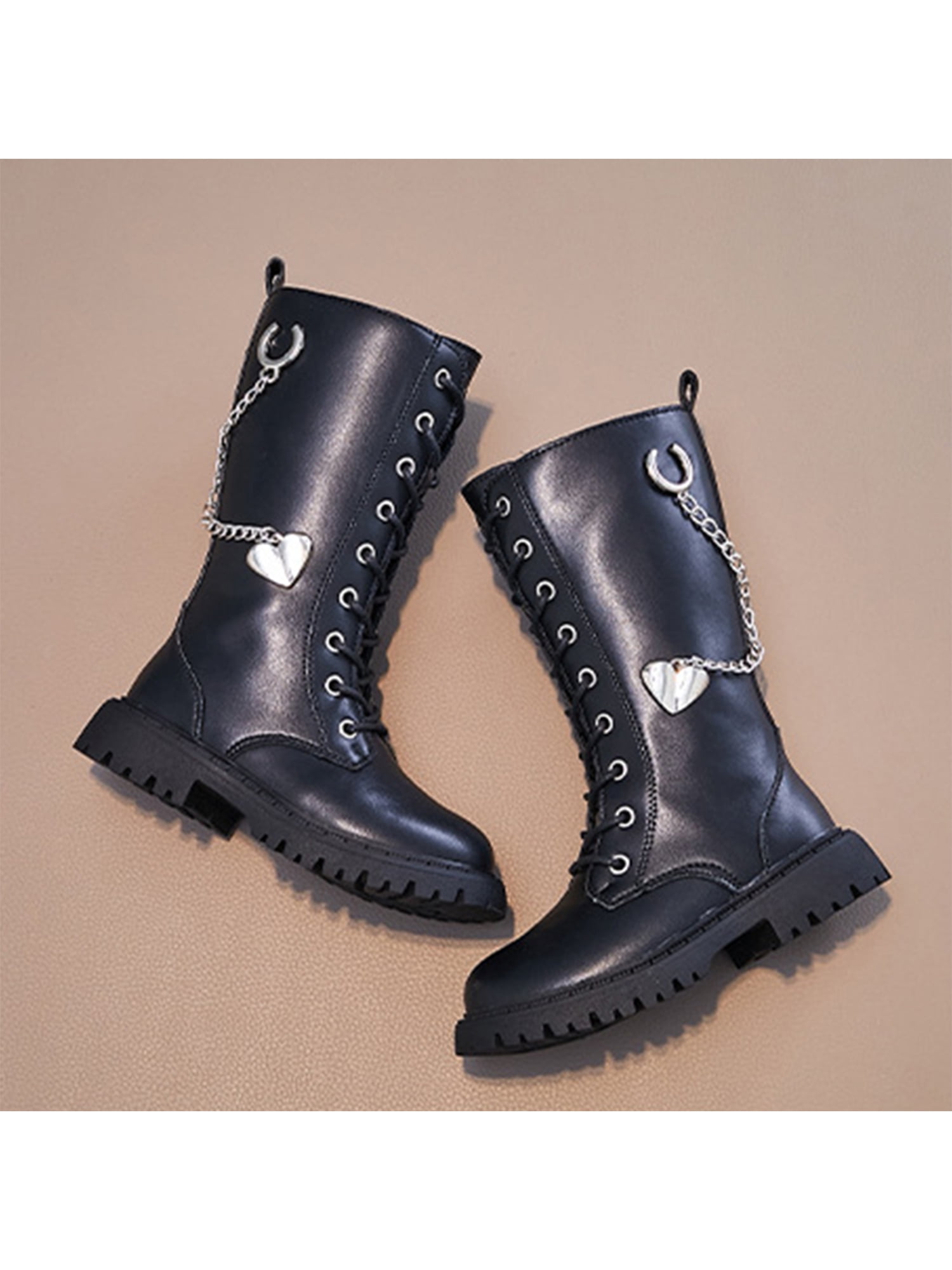 Bottes Mi-mollet Filles - Fermeture éclair Et Lacets - Semelle Souple - Taille 4 à 12 Ans - Style Scolaire