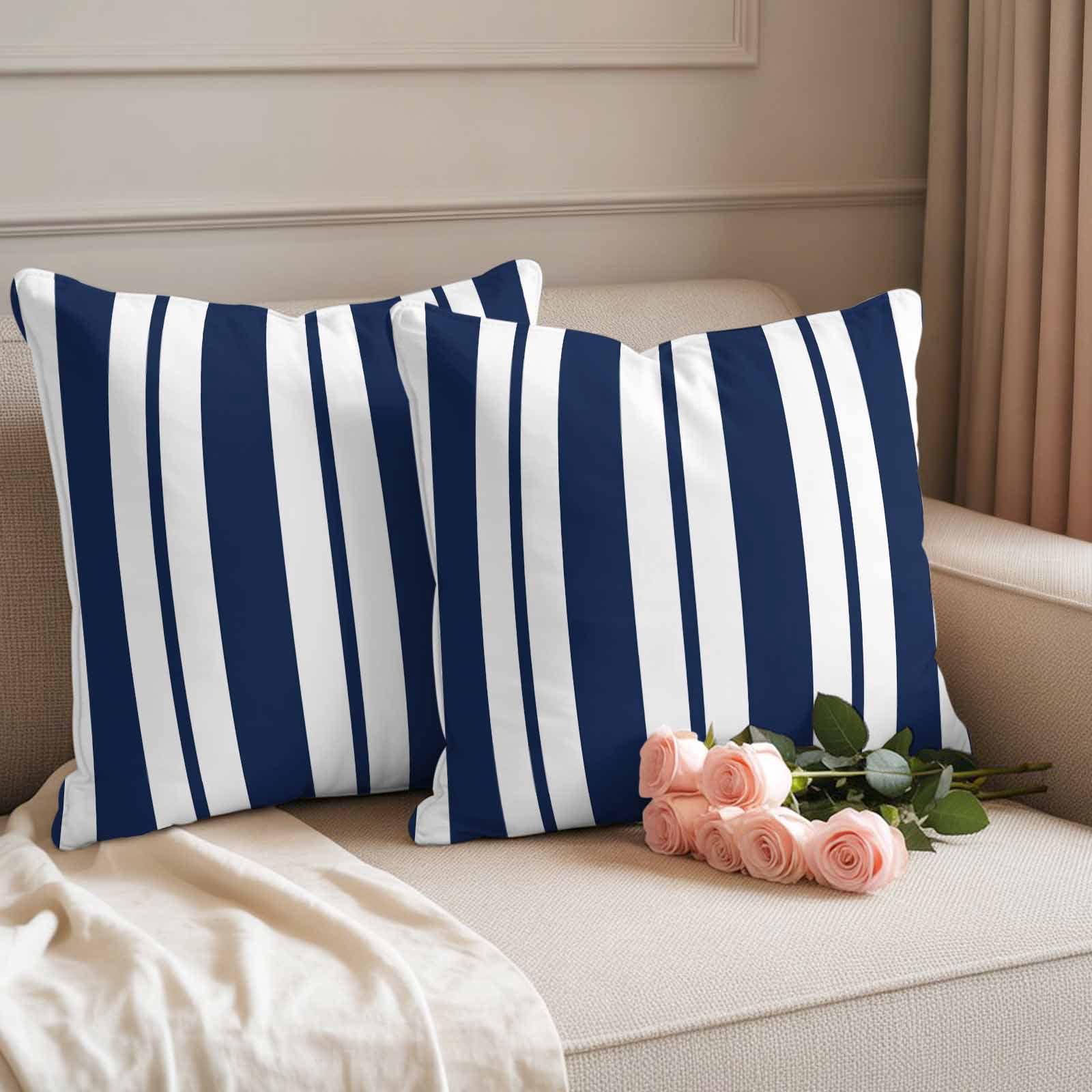 Waterproof Throw Pillow Covers 16x16 Set of 2, Navy Blue Stripes Summer Nautical Outdoor Pillowcases with Invisible Zipper, Modern Minimalist Art Decorative Cushion Covers for Patio Garden Sofa Couch