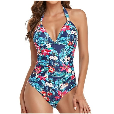 Midsumdr Womens One Piece Swimsuits V Neck Floral Print Swimsuit Halter Ruffled Swimwear Swimsuit Women High Cut Beach Bathing Suit Womens Bikini Swimsuits