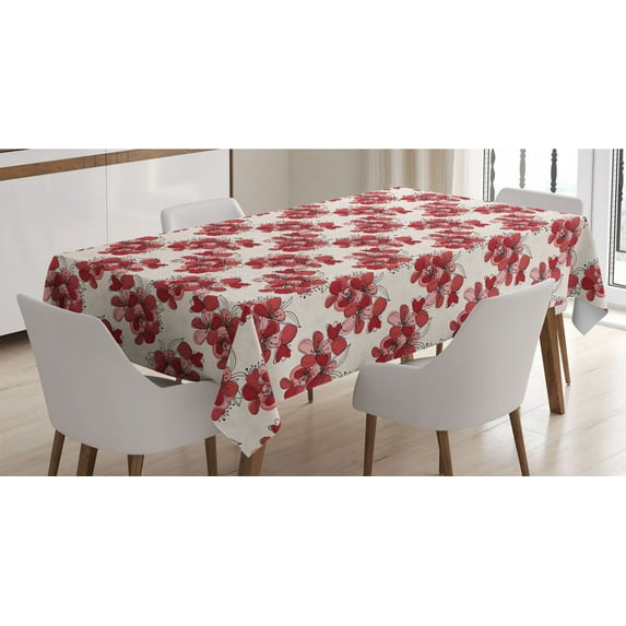 Floral Tablecloth, Japanese Culture Cherry Blossom Coming of the Spring Birth of the Nature, Rectangle Satin Table Cover for Dining Room and Kitchen, 60" X 84", Ruby Pale Pink Cream, by Ambesonne