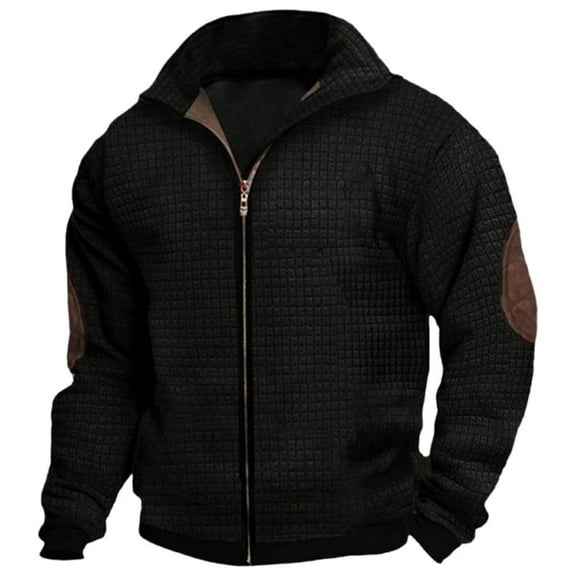 JGNGSHN Mens Fall Jacket Zip Up Elbow Patches Lightweight Jacket Varsity Coat Solid Color Sweater
