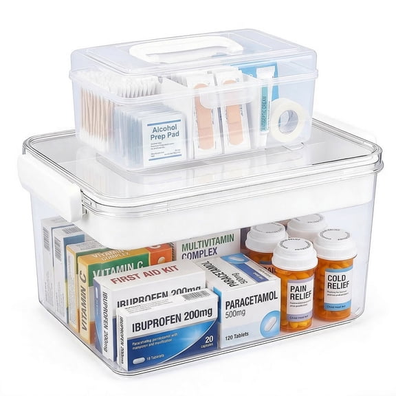 Pethiy 2-Pack Clear Plastic Storage Boxes with Lids & Handles, Stackable Storage Containers with Built-in Compartments for Organizing Toys, Clothes, Medicine & Craft Supplies