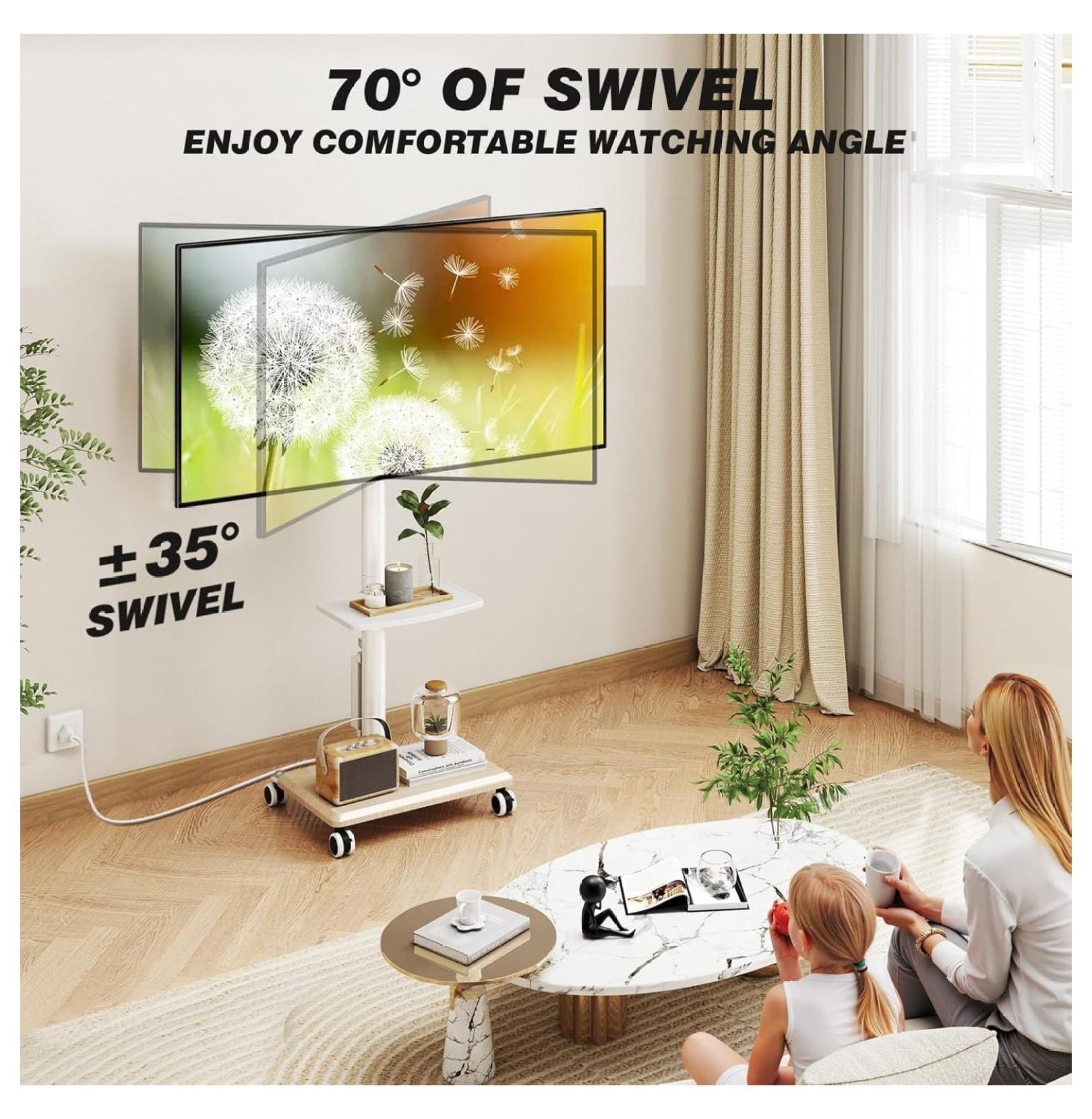 Rolling TV Stand with Power Outlet for 32-60 inch TVs, Swivel and Height Adjustable Mobile TV Stand with Shelf, Strong TV Cart on Wheels up to 88 lbs for Living Room, Bedroom and Office, White
