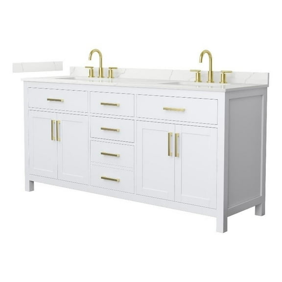 Beckett 72" White Double Vanity & Giotto Quartz Top (3-Hole) & Gold Trim