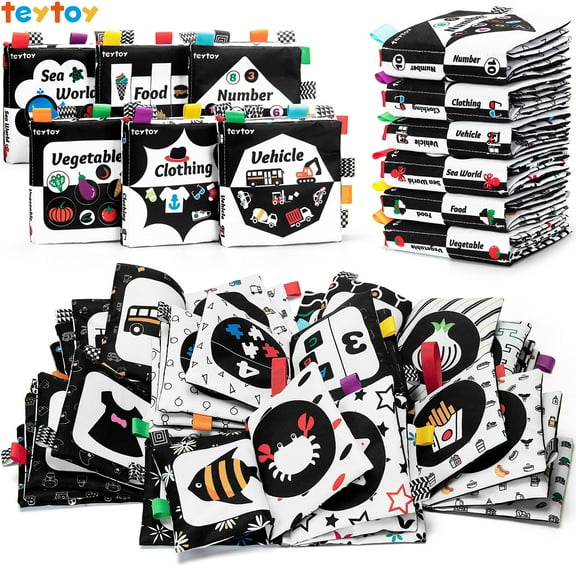 teytoy Baby Soft Cloth Book Set 6 PCS, Black and White High Contrast Baby Activity Crinkle Books for 0 3 6 9 12 Months Newborn Infants Babies Boys and Girls Early Educational Learning Toys