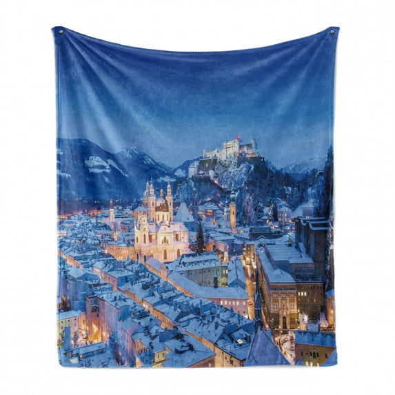 Winter Soft Flannel Fleece Blanket, View of the Historic City of Salzburg with Festung Hohensalzburg in Winter Austria, Cozy Plush for Indoor and Outdoor Use, 50" x 60", Blue Peach, by Ambesonne