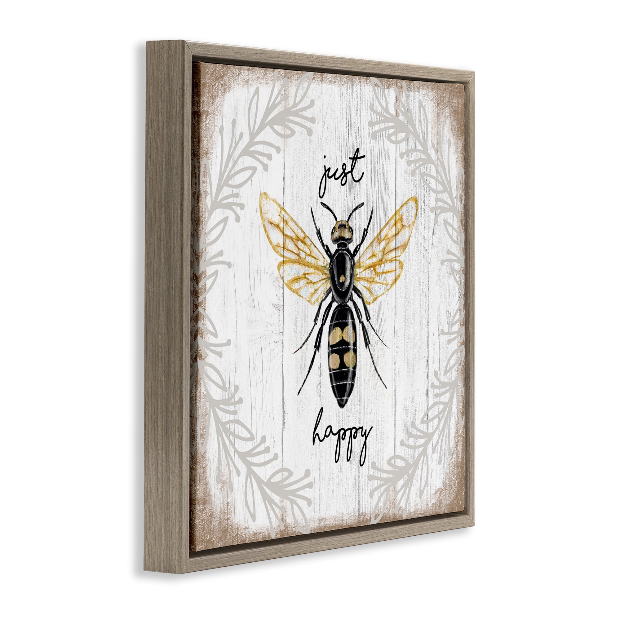 Stupell Industries Just Be Happy Charming Bee Animals & Insects Painting Brown Floater Framed Canvas Art Print Wall Art, 18 x 18