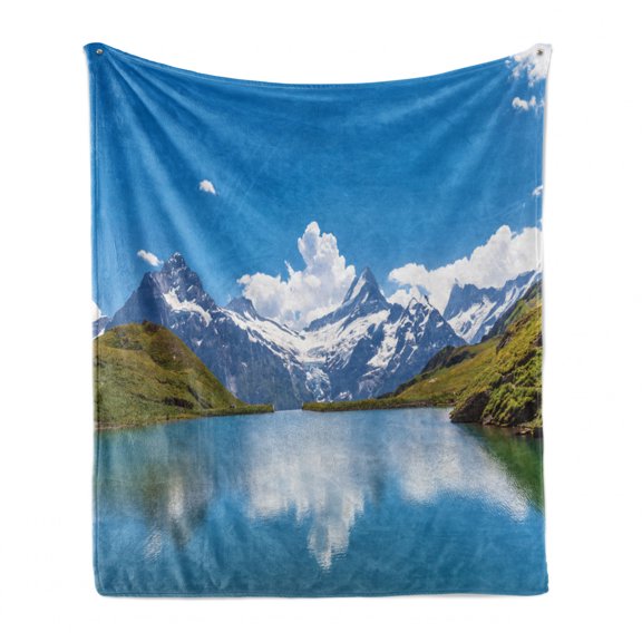 Landscape Soft Flannel Fleece Throw Blanket, Dreamy View of Alpine Lake with Snow Frozen Peaks Swiss Northern Explore, Cozy Plush for Indoor and Outdoor Use, 50" x 70", Blue Green White, by Ambesonne