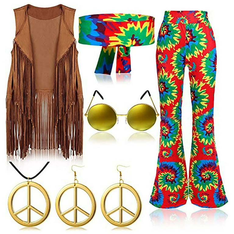 hcuribad 70s Retro Clothes 2024 Women s Hippie Party Vintage Costume Fringe Vest Pants Headband Earrings Glasses Necklace 6 Piece Set Hippie Outfit