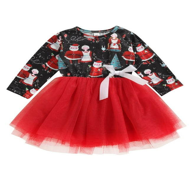 EIMELI Robe de Noël pour Filles Enfants, Robe en Tulle à Manches Longues avec Imprimé de Dessin Animé et Nœud, Rouge, 5-6 Ans