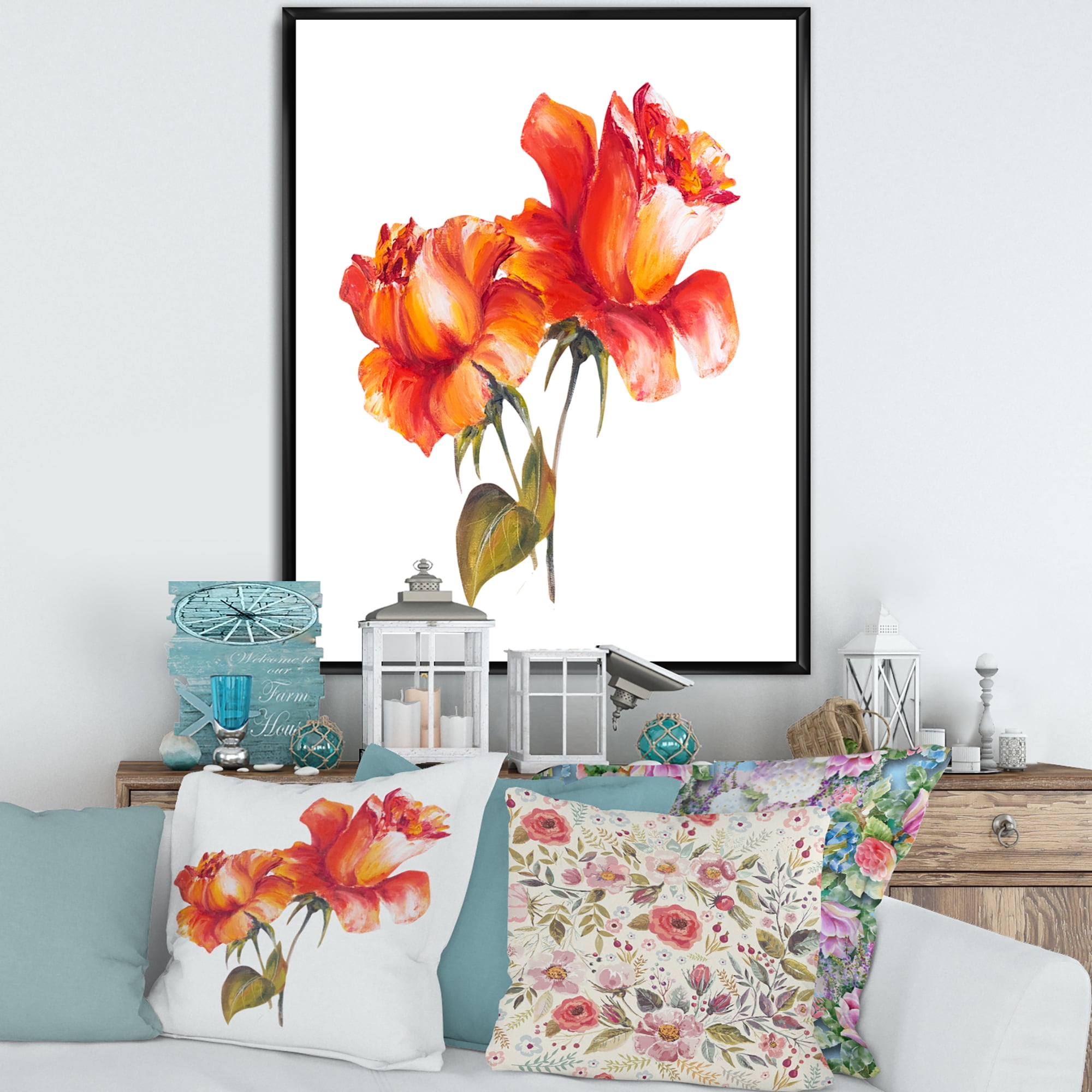 Designart 'Two Blossoming Red Roses On White' Traditional Framed Canvas Wall Art Print