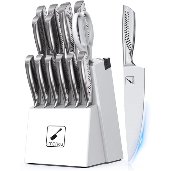 imarku Japanese HC Stainless Steel 15 Piece Kitchen Knife Set, Built in Sharpener, Sharp Knife Set with Point like Ergonomic Handle, Holiday Gift, Home Chef Knife, White,Fathers Day Gifts