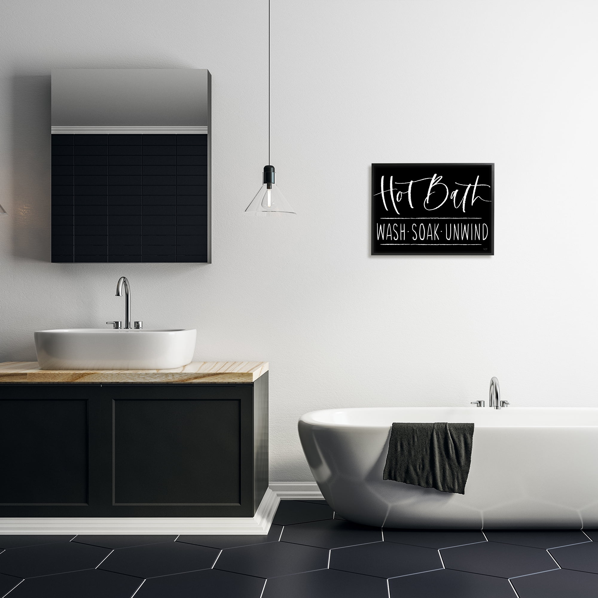 Stupell Industries Hot Bath Wash Soak Unwind Bathroom Typography Graphic Art Black Framed Art Print Wall Art, Design by Lux + Me Designs