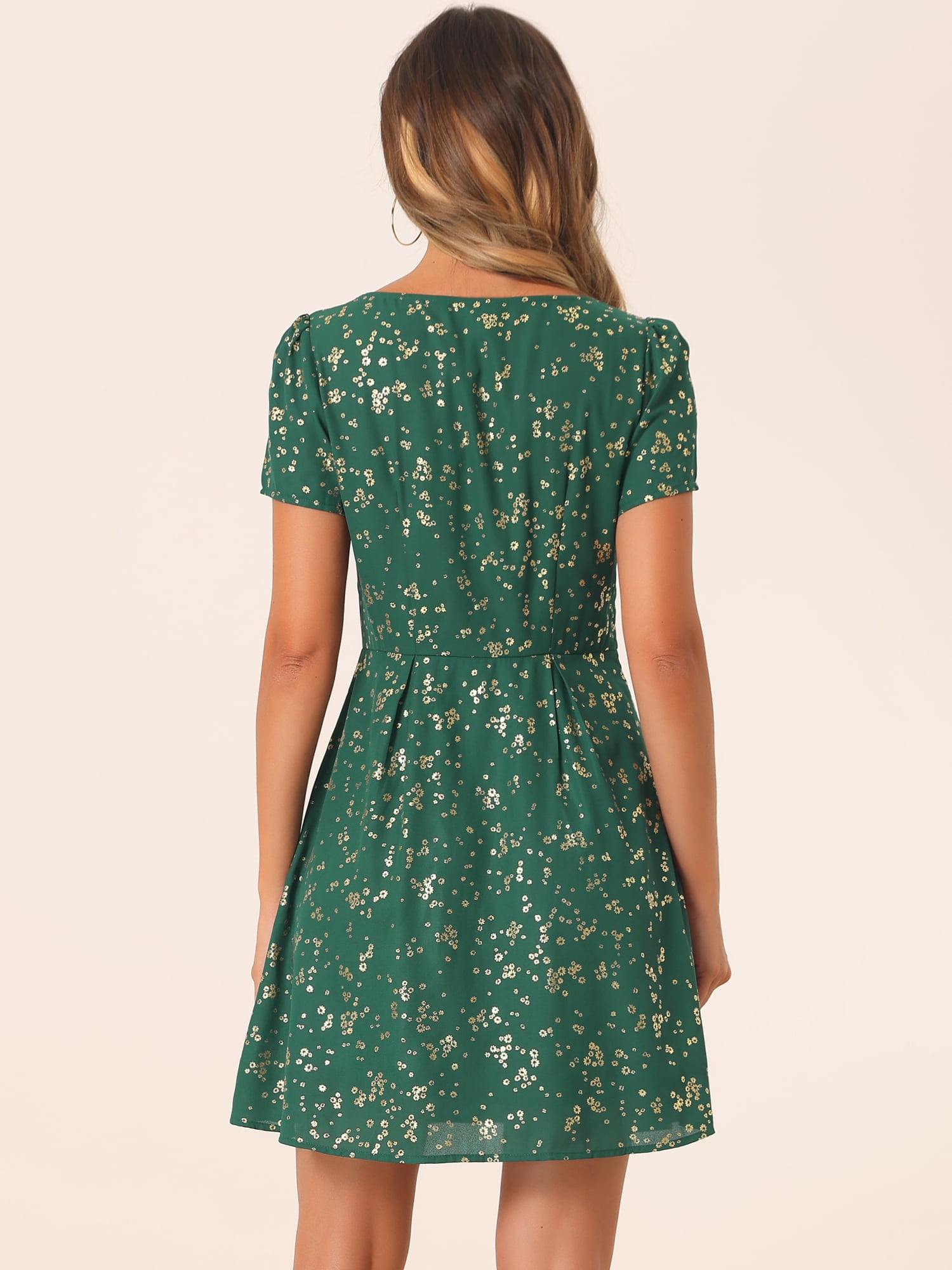 DARING DIVA Square Neck Short Sleeve Print A-Line Dress M Dark Green-Floral