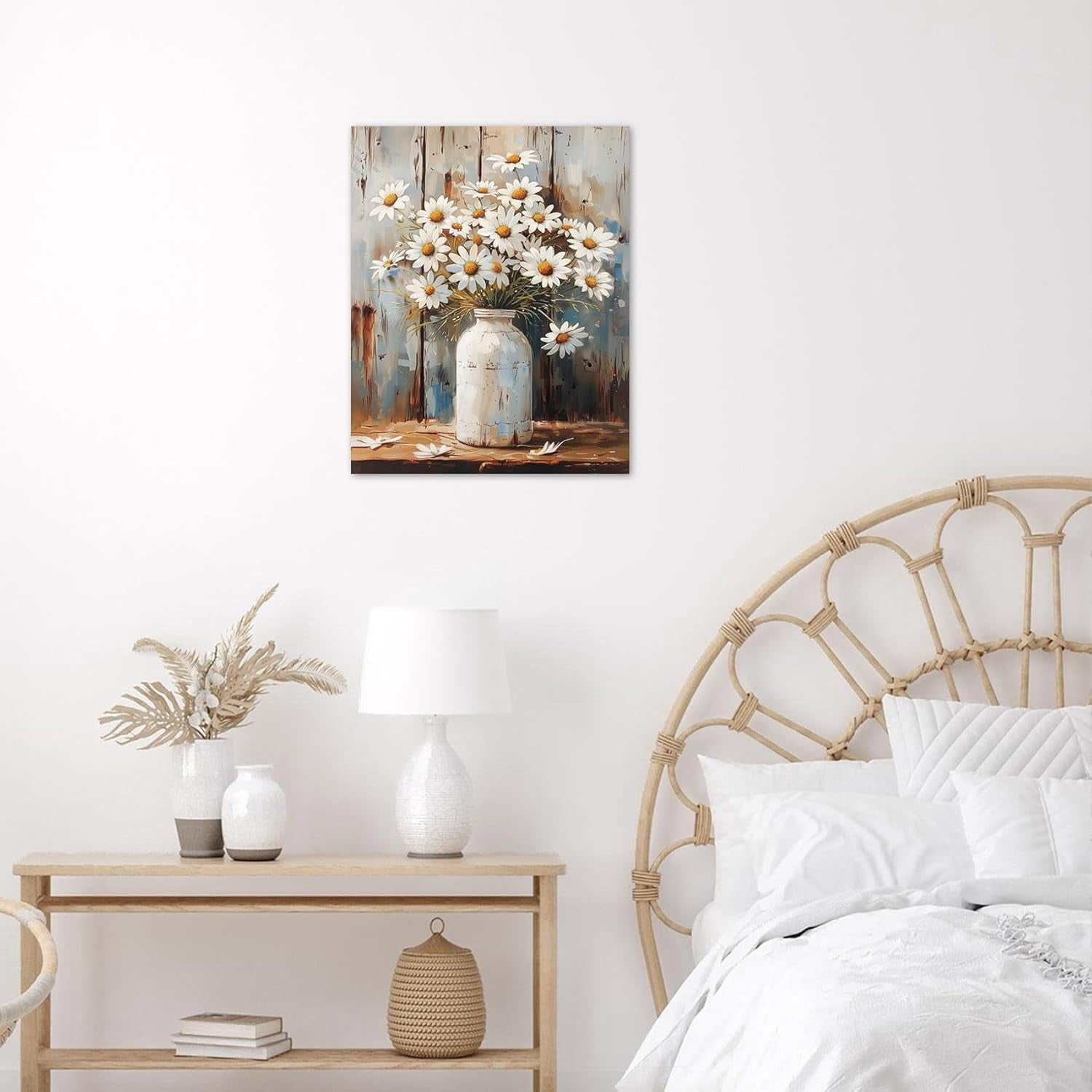 Farmhouse Teal Floral Canvas Wall Art Blue and White Daisy Flower and Butterfly on Retro Wood Pictures Wall Decor Nature Plant Framed Wall Art for Bathroom Living Room Bedroom,16L X 12W inches