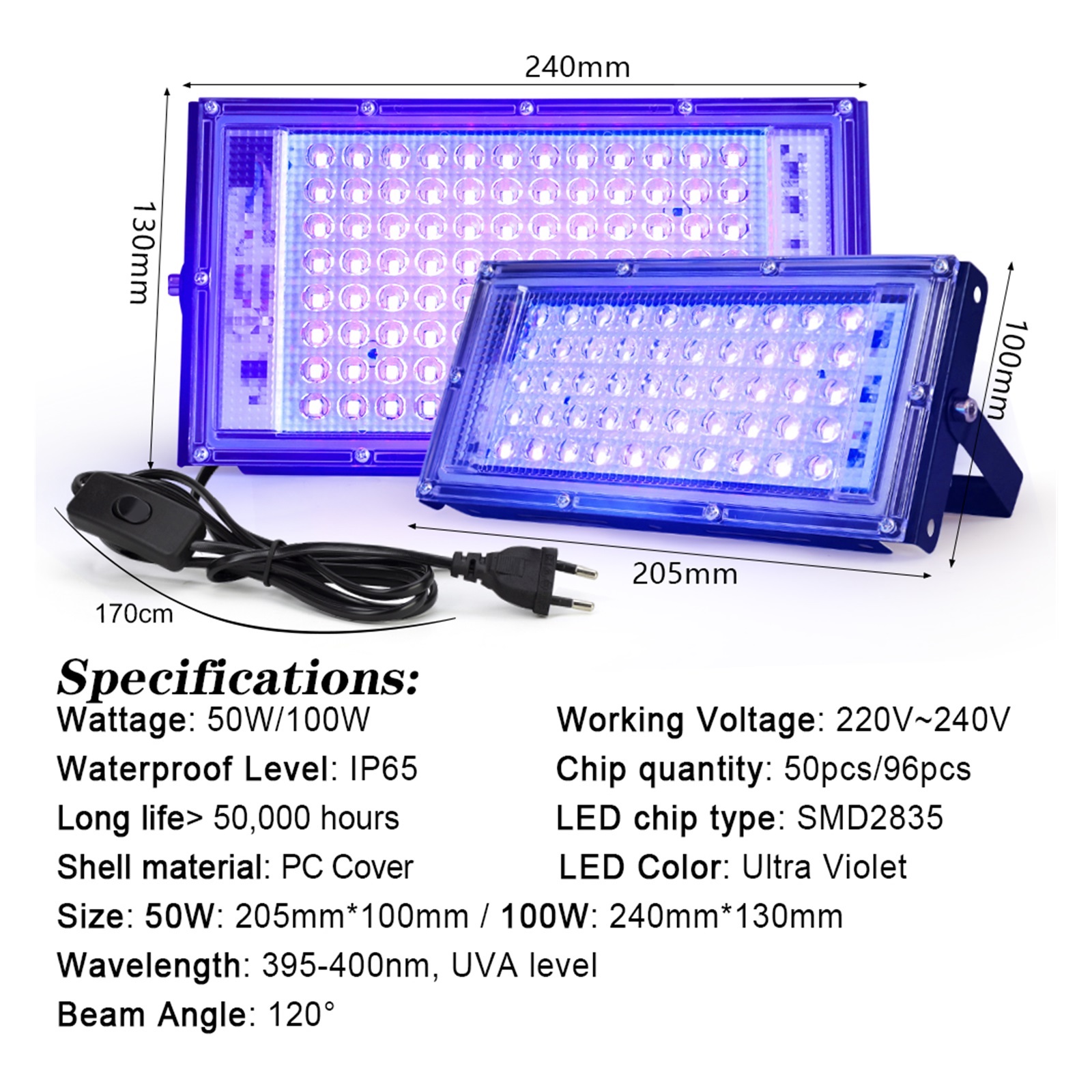 UV Flood Light 50W 100W 395nm 400nm Ultraviolet Fluorescent Sta Lamp For Bar Dance Party Blacklight ,Multifunctional Lighting