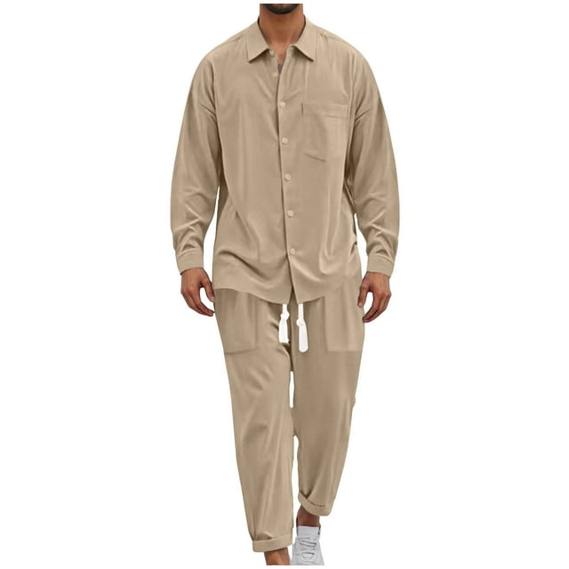 Man Leisure Solid Color Button Pocket Long Sleeves Shirt Beach Trousers Suit