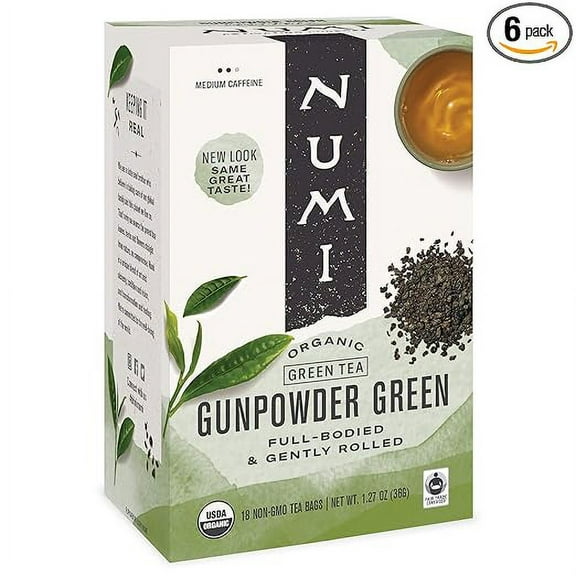 Numi Organic Tea Gunpowder Green, 18 Tea Bags (Pack of 6), Full-Bodied Gently Rolled Chinese Green Tea (Packaging May Vary)