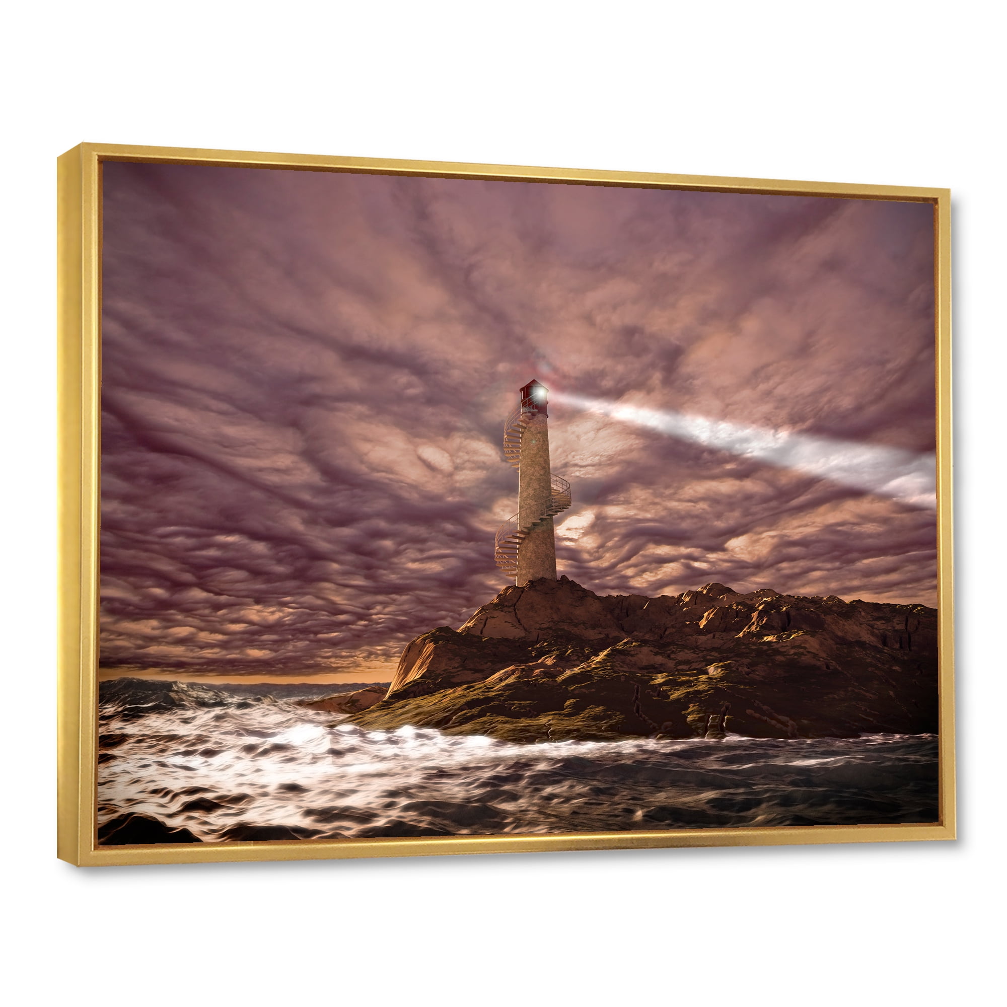 Designart 'Lighthouse Shining Light During Stormy Clouds Night I' Nautical & Coastal Framed Canvas Wall Art Print
