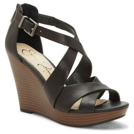 Jessica Simpson Jakayla Black Leather open Toe Platform Wedge Sandals