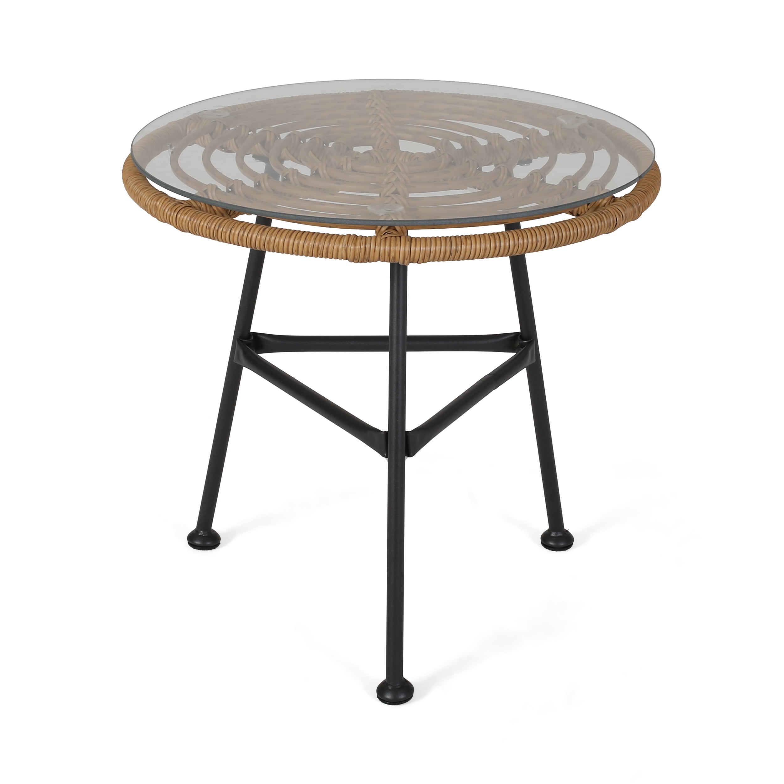 Louise Outdoor Woven Faux Rattan Side Table with Glass Top Light Brown and Black