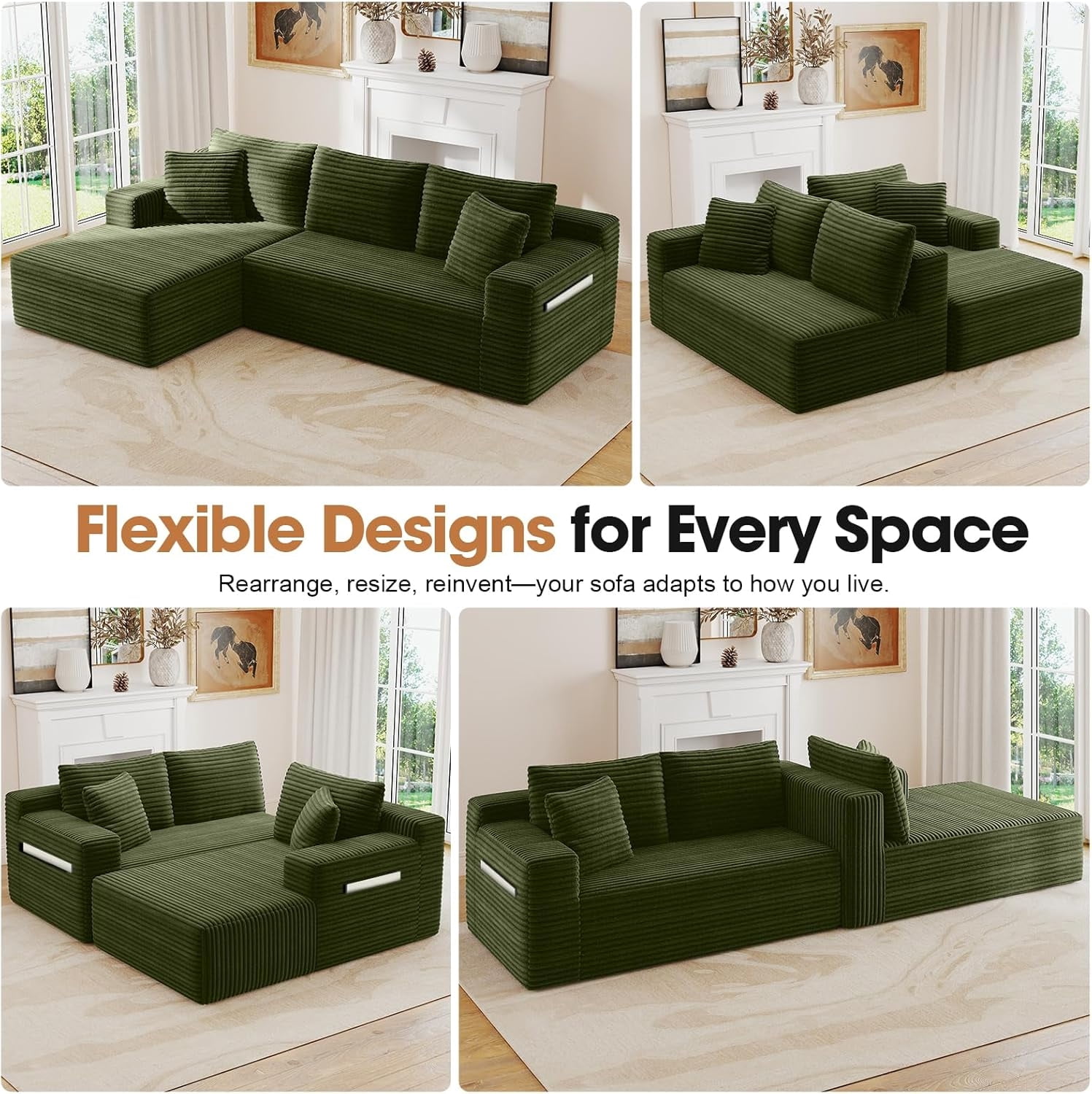 MOONMISS L-Shaped Cloud Sectional Couch with Chaise,Modern Corduroy Upholstered Modular Boneless Sofa,No Assembly for Living Room Apartment(Green,Left)
