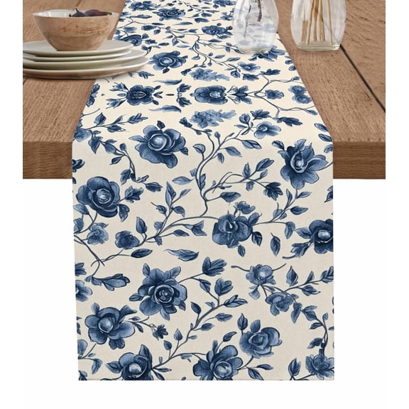 Navy Blue Floral Burlap Cotton Table Runner 13x72 Inches Long, Spring Vintage Blossom Botanical Farmhouse Table Runners, Outdoor Dining Tablecloths Decor for Baby Shower/Party/Wedding