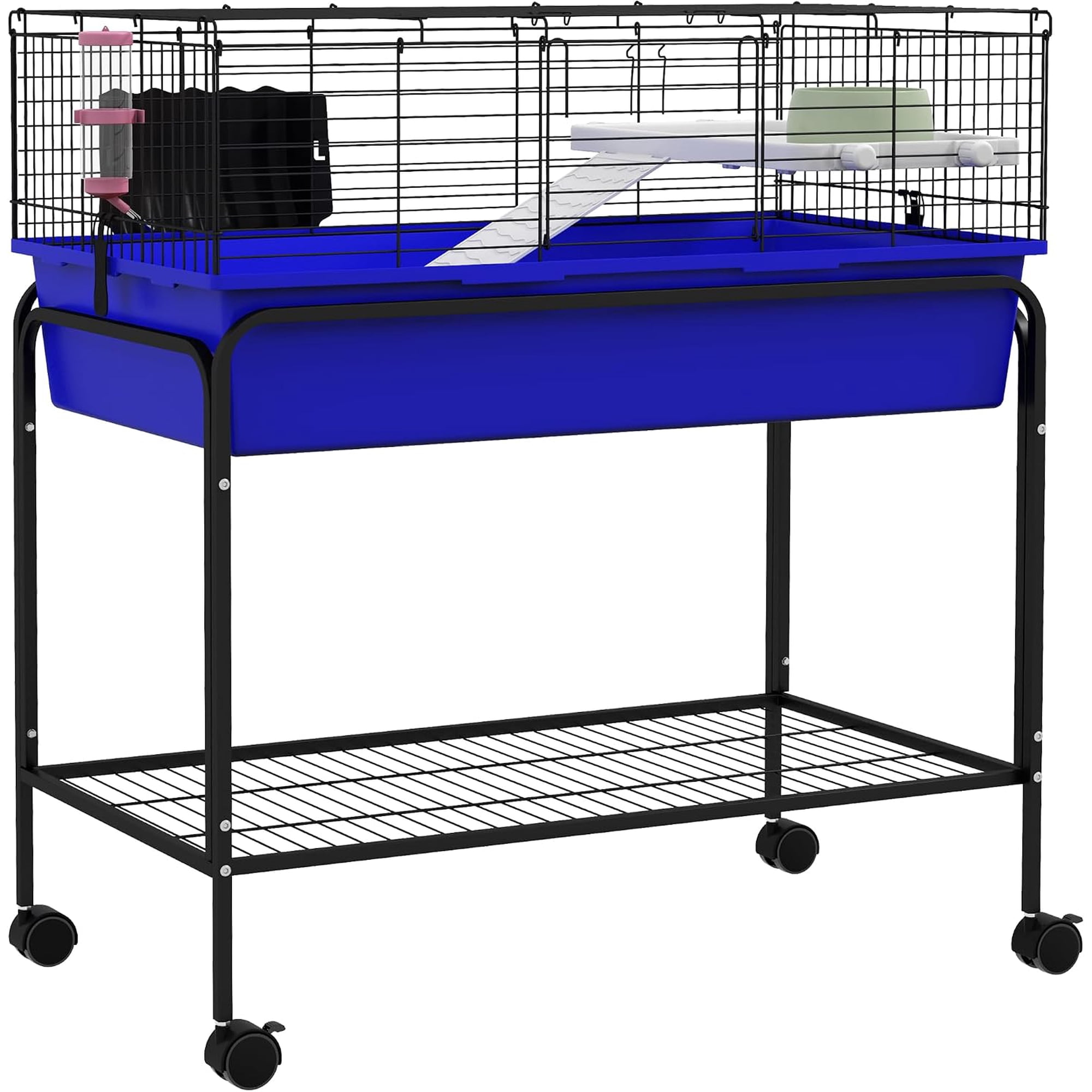 Two-Story Small Animal Cage Removable from Stand, Guinea Pig Cage with Shelf & Wheels, Pet Habitat for Hedgehog, Chinchilla, Ferret, 33" x 18.5" x 35", Blue