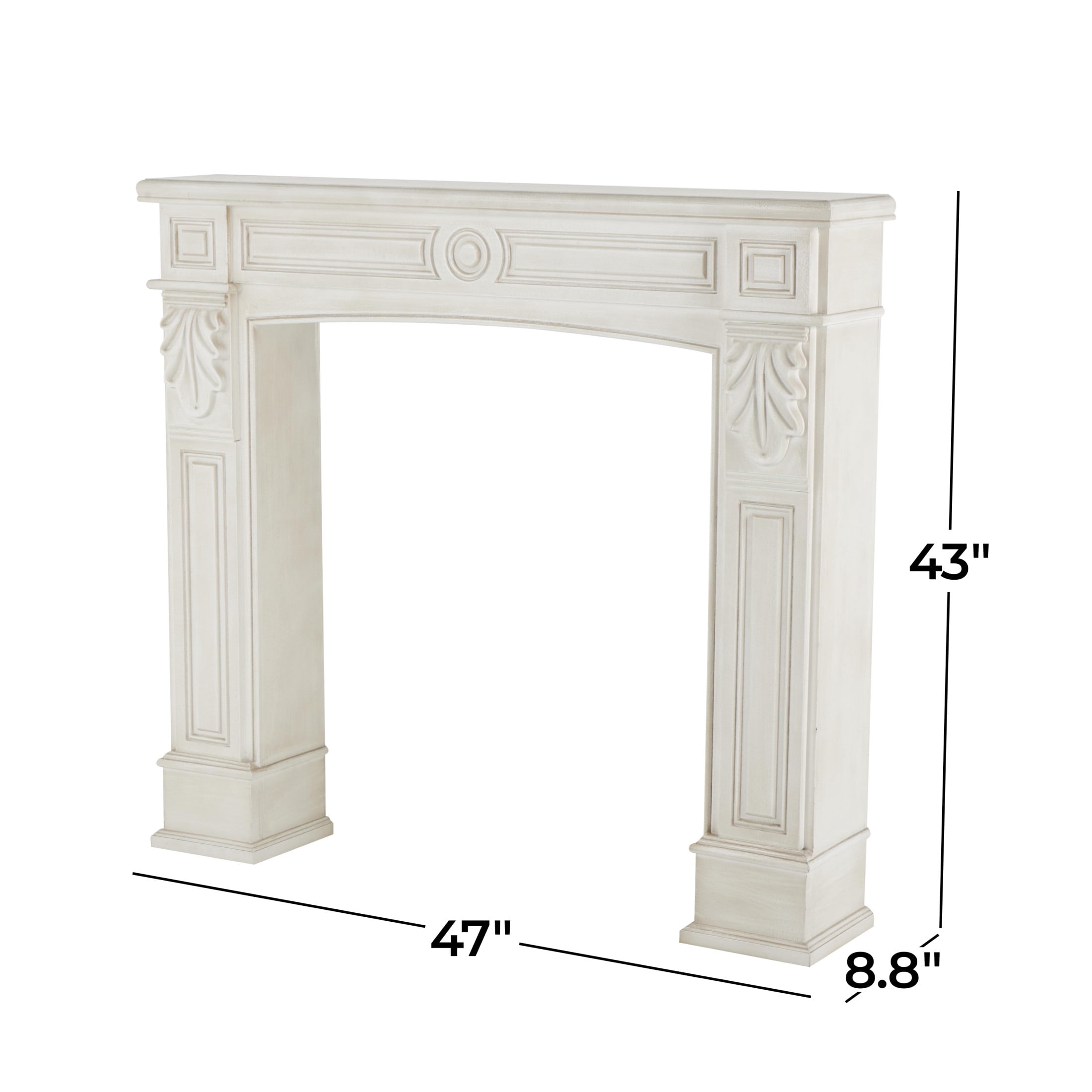 DecMode 47" x 43" Wooden White Freestanding Surround Fireplace Mantle with Leaf Accents