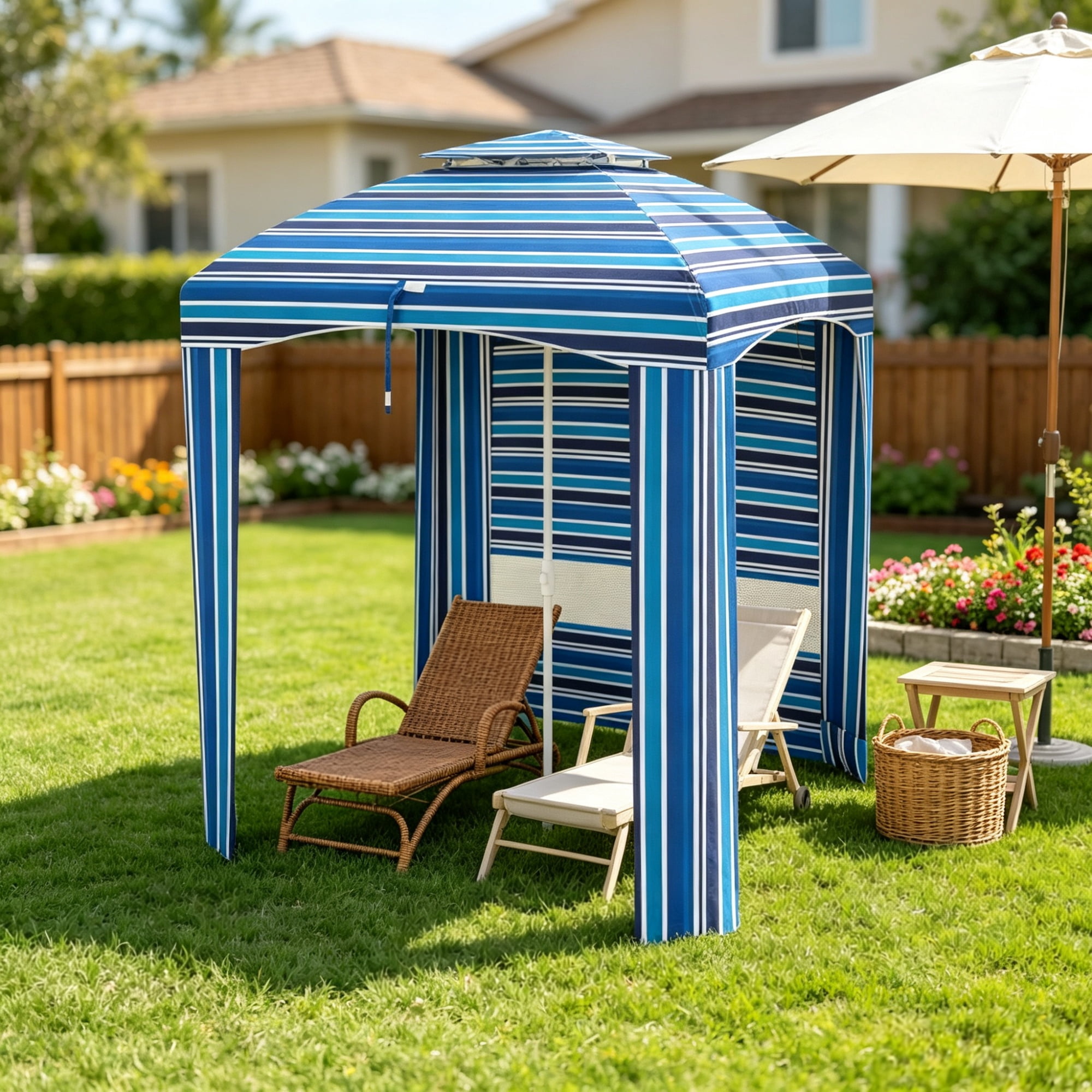 Travel Beach Umbrella with Side Walls, Air Vents, Ruffles and Carry Bag, Blue Stripe 5.8ft x 5.8ft