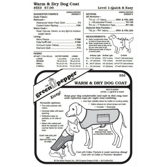 Warm & Dry Dog Coat Rain Gear #553 Sewing Pattern (Pattern Only)