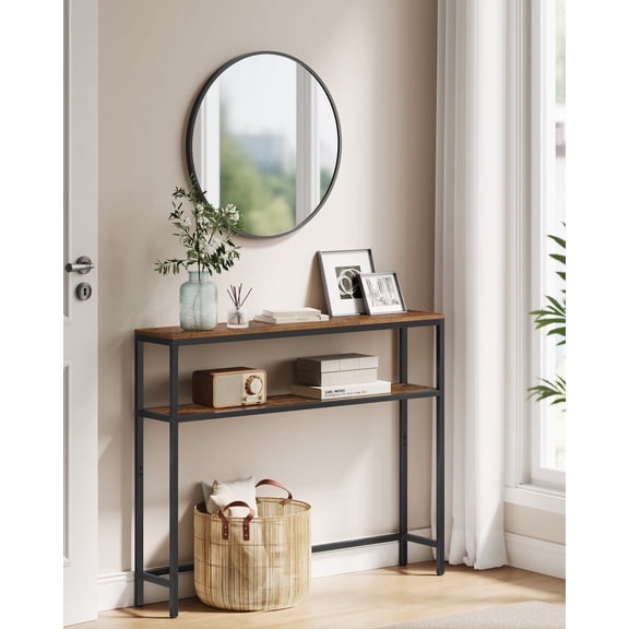 2-Tier Slim Console Table, 39.4" Narrow Entryway Table, Modern Sofa Table for Living Room, Bedroom, Rustic Brown and Black
