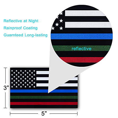EMT and Troops Besby 3pcs Reflective US Flag Stickers 5x3 Vinyl American Flag Car Decal Support American Police Military Fire Officers Thin Line Blue Green and Red Stripe 